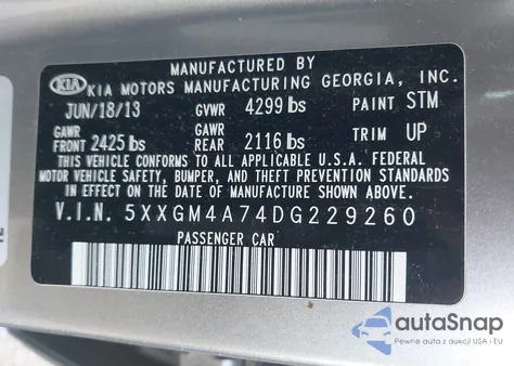 2013 Kia Optima Lx from USA, damaged, VIN 5XXGM4A74DG229260